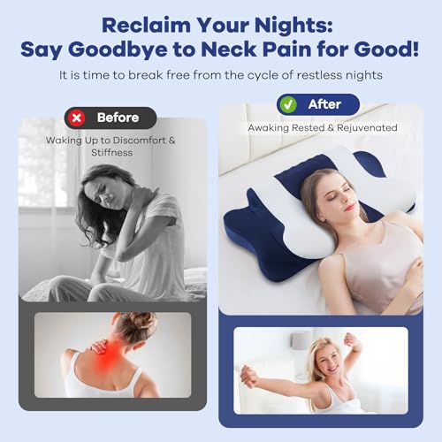 Image of Cervical Neck Pillow for Pain Relief,Cervical Pillow with Memory Foam Ergonomic Pillows with Dual Heights for Back,Stomach and Side Sleepers Kids' Floor Pillows Cushions (Dark Blue, Standard 27 inchx16 inch)