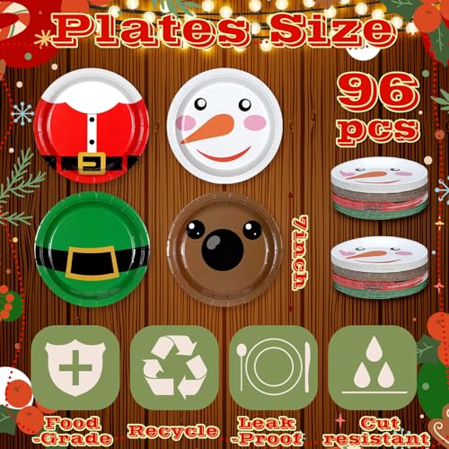 Image of Fourluoo 96 Pcs Christmas Cartoon Paper Plates 7 Inch Disposable Santa Snowman Christmas Dinner Plates for Xmas Birthday Holiday Party Supplies Table Decor