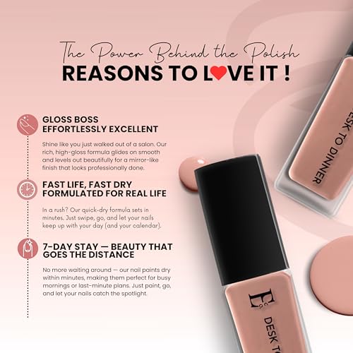 Image of Ellement Co Desk To Dinner Nail Polish 10 ml with elegant nude peach shade delivers high gloss salon finish | smooth streak free application | quick drying formula | and long lasting chip resistant wear, perfect for office wear, daily elegance, professional looks, evening outings, and effortless transition from work to dinner.