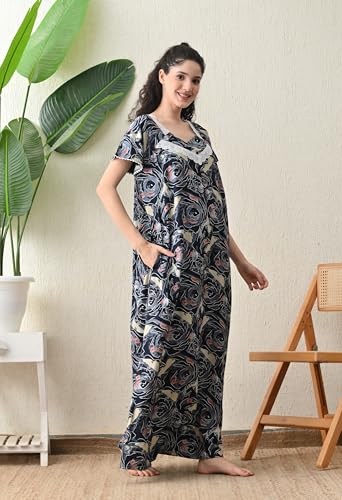 Image of Ichaa Women's Rayon Printed Round-Neck Nighty with Pocket, in Plus Sizes
