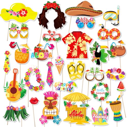 30 Piece Hawaiian Luau Photo Booth Props Set, Tropical Party Decorations with Tiki Masks, Flower Leis, Aloha Signs, Sunglasses, Includes Wooden Sticks