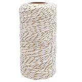 jijAcraft Ficelle de Coton Noël, Baker's Twine Corde Blanc avec Fil doré, 2mm*100M, pour l'emballage Cadeau, Décoration, Loisirs Créatifs