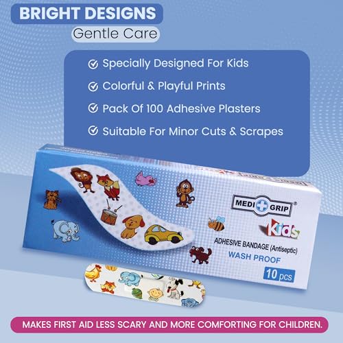 Image of Medigrip Kids Band Aid (Pack of 100 Plasters) Adhesive Band Aid (Set of 10)