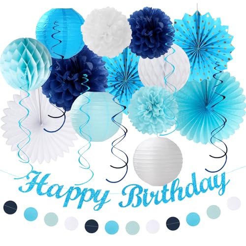 Image of Light-Royal Blue White Birthday Party-decorations - 21pcs Boys Men Ocean Happy Banner,Navy Dusty Paper Streamers Lanterns Honeycomb,tissue Pom Poms Fan,Nautical Adult Garland Supplies Decor Huglony