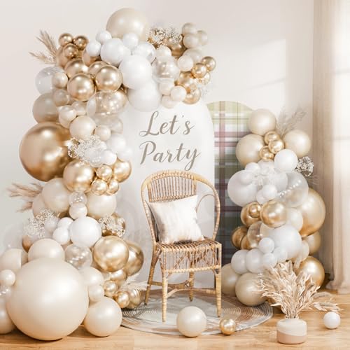 Arche Ballon Champagne Or Blanc,115 Kit Ballons Anniversaire Blanc et Or avec Ballon Transparent...