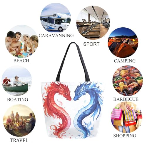 Blue and Red Dragons Extra Large Canvas Gym Shoulder Tote,Durable Reusable Daily Top Handle Bag for Mens Womens Yoga Weekender Picnic Beach Travel Market Shopping2