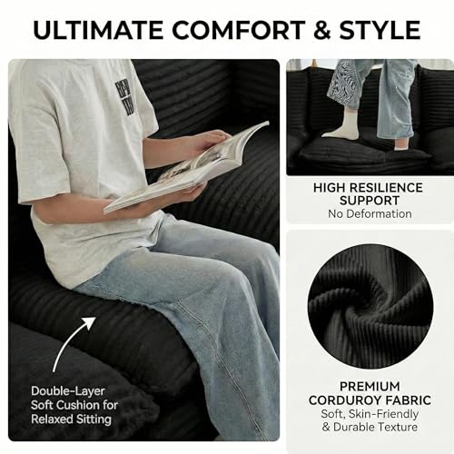 Image of 110 inch Boneless Couch, Modular Cloud Couch Sectional with 2 Ottomans - Double-Layer Memory Foam Deep Seat Couch, Oversized L Shaped Couch for Living Room (Corduroy)