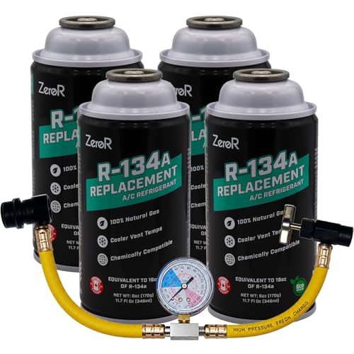 ZeroR AC Recharge Kit R134a Replacement Eco-Friendly Refrigerant Gas with 14-Inch Charging Hose Tool for SSV Cans 4-Cans