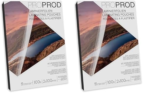 ProProd Premium Laminierfolien, 100 Stück, A4, 2 x 100 Mikrometer (200mic), hochglanz, Die Verpackung kann variieren (Packung mit 2)