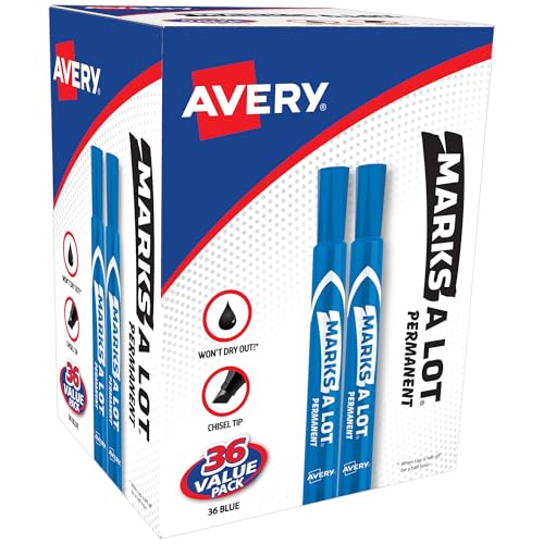 Image of Avery Marks A Lot Permanent Markers, Large Desk-Style Size, Chisel Tip, Value Pack, 36 Blue Markers Total, Ideal for Signs, Posters, Labeling, and More (98242)
