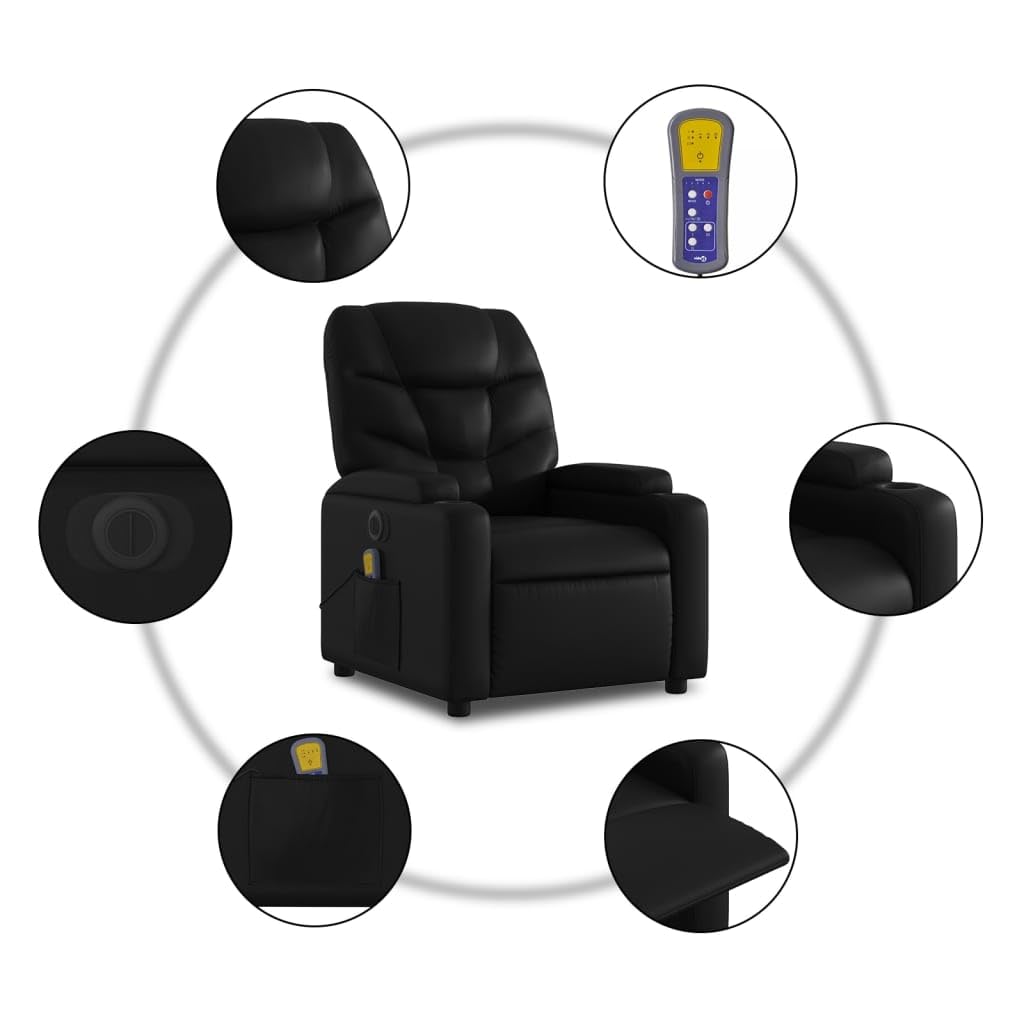 Sillón elevador eléctrico reclinable negro de piel sintética con 6 puntos de masaje, función de elevación y vibración, portavasos y bolsillo lateral