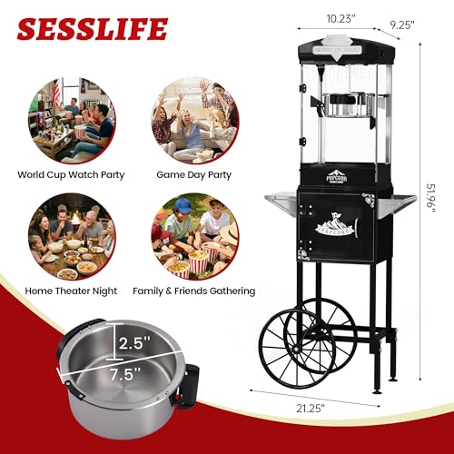 Image of Popcorn Machine, 10 Oz Vintage Popcorn Machine Cart with Wheels, Professional Movie Theater Style Popcorn Popper Makes Up to 40 Cups, Popcorn Maker Machine for Home & Commercial (Onyx Black)