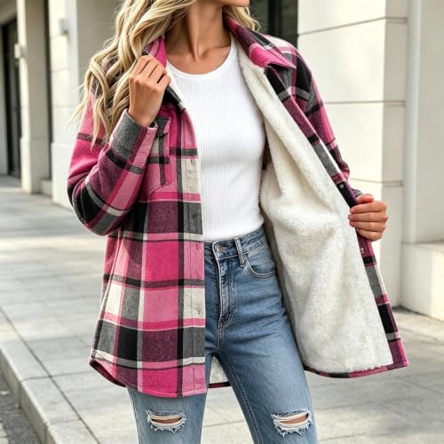 fartey Lined Plaid Jacket Women Flannel Fleece Shacket Button Down Outfit - image 3