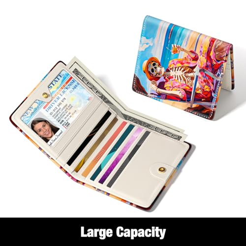 Image of Rouidr Womens Wallet, RFID Small Slim Wallet for Women, Cute Bifold Leather Pocket Credit Card Holder Ladies Mini Purse with Zipper Coin Pocket & ID Window, Beach Skull
