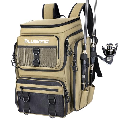 PLUSINNO Tool Bags Backpack Tackle Bag, Water-Resistant Fishing Backpack with Rod Holder, Ideal Fishing Gifts for Men…