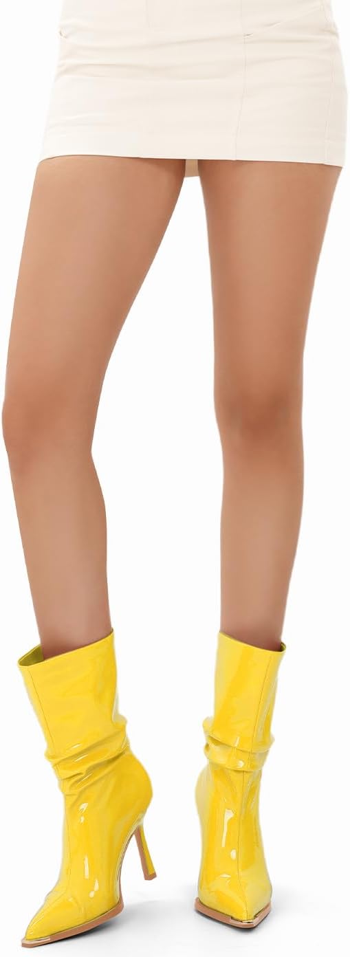 Women's Slouchy Mid Calf Boots Pointed Toe Stiletto Heel Pull On Fashion Patent Leather Ankle Boots Casual Office Party Fall Winter Dress Booties