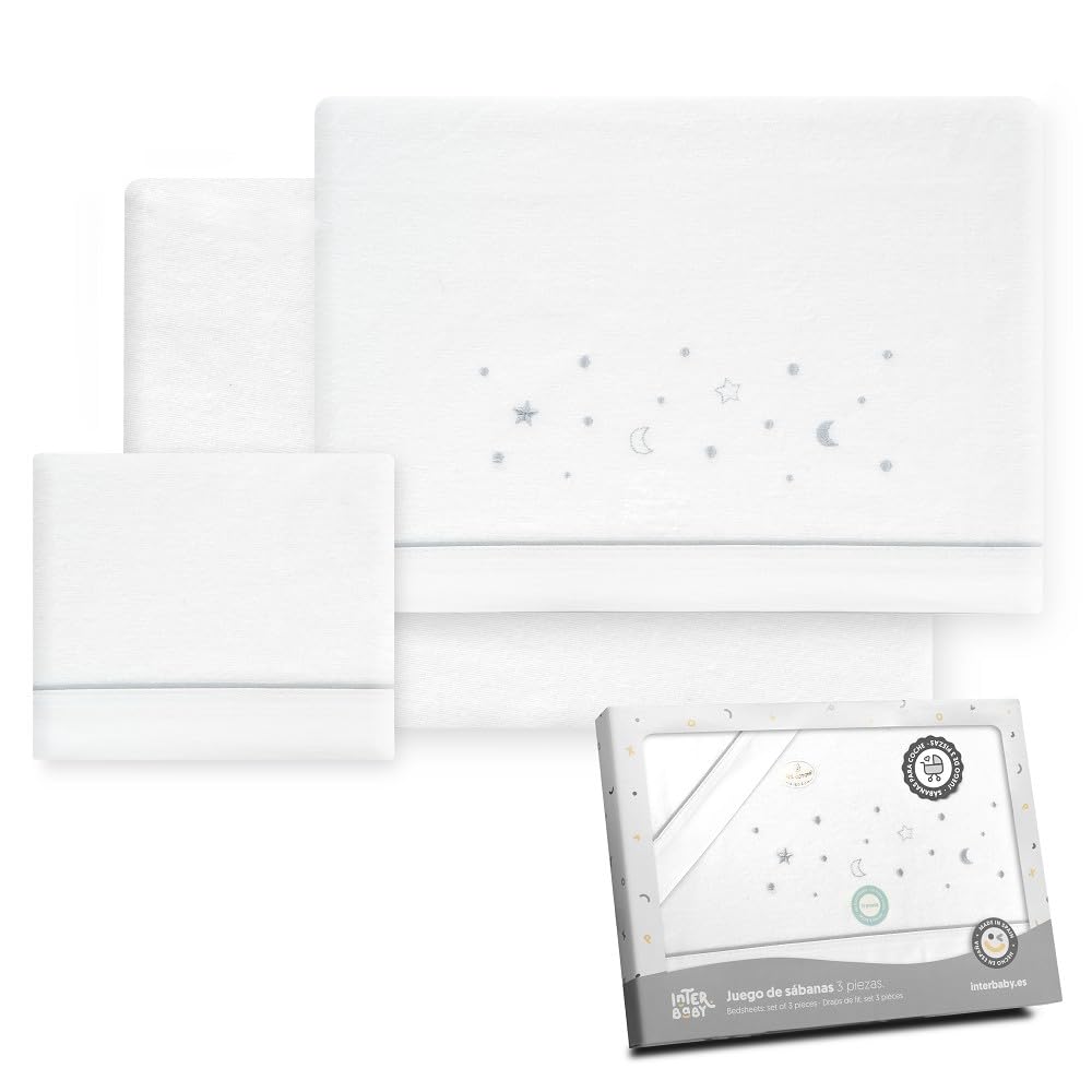 Interbaby - Juego Sabanas Carrito Bebe 40x80 Algodón 100% | Sabana Cuna Franela, Cálida | Incluye Sabana Bajera, Encimera y Funda de Almohada | Ideal para Invierno | Estrellas Luna Blanco/Gris