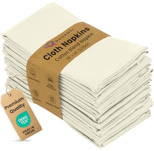 Image of Ruvanti Cloth Napkins Set of 12, 18x18 Inches Napkins Cloth Washable, Soft, Durable, Absorbent, Cotton Blend. Table Dinner Napkins Cloth for Hotel, Lunch, Restaurants, Wedding Parties - Ivory /Cream