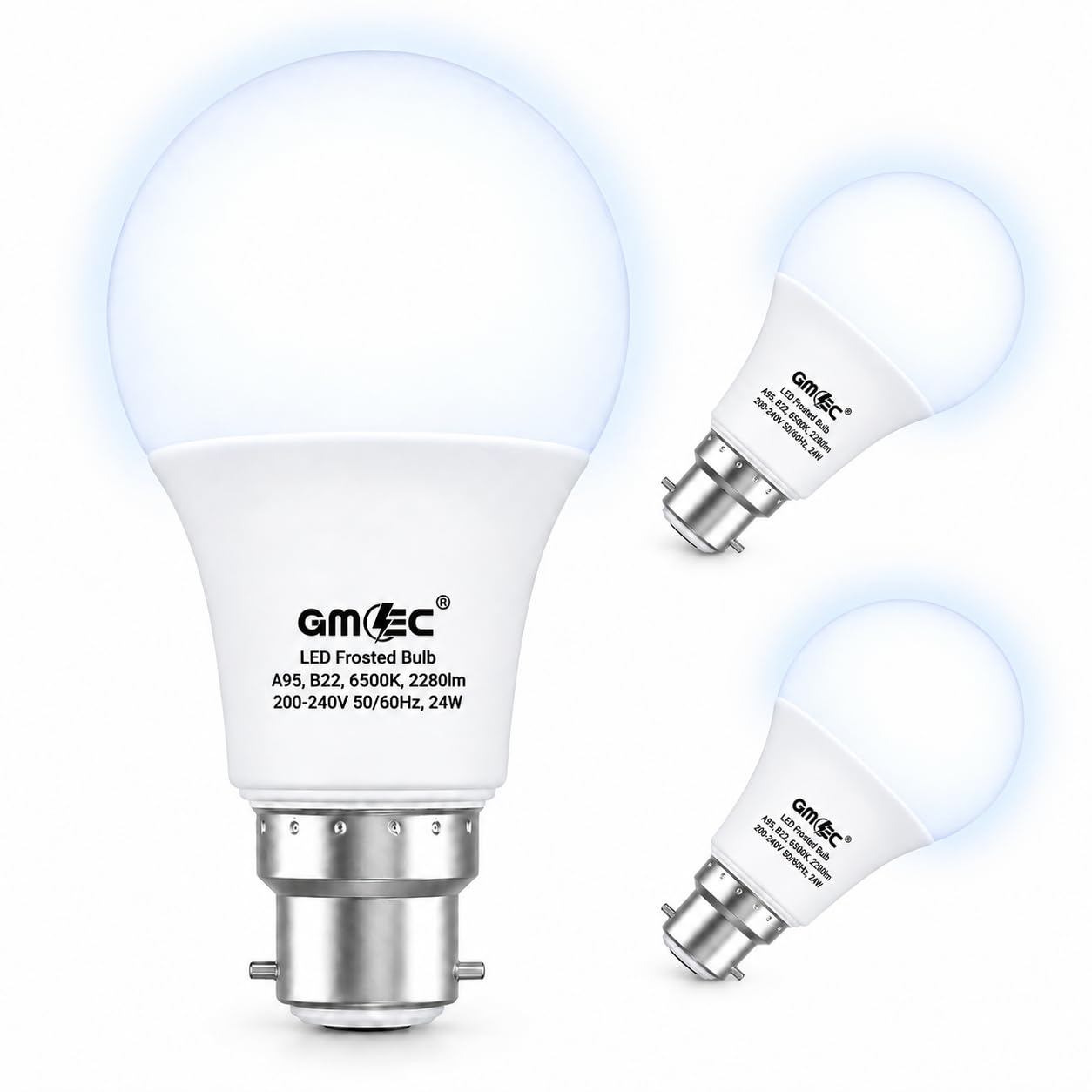 GMEC B22 LED Light Bulbs 24W A95, 6500K Cool White, Non-Dimmable, 2 Pack