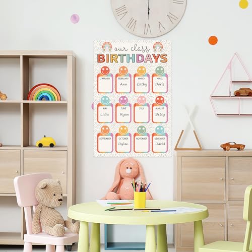 Image of Whaline Happy Birthday Chart Poster for Classroom Boho Retro Smile Face Rainbow Birthday Chart Calendars Colorful Birthdays Poster Decoration for Bulletin Board Chalkboard Wall Decor, 11 x 16.5 Inch