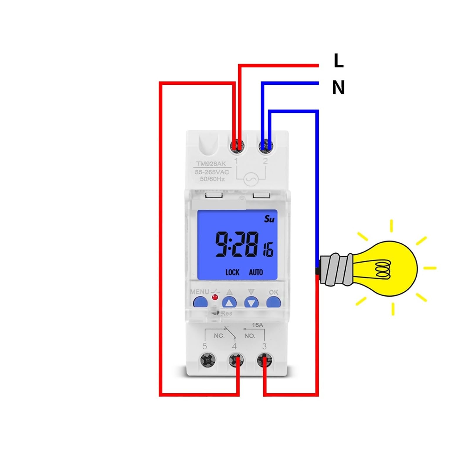 Programador Digital semanal con luz de Fondo y Pantalla L/C/D de Gran tamaño, Entrada Universal de 220 V y 110 V, Controlador de Tiempo de Ciclo 1NO + 1NC, Carril DIN(16A)