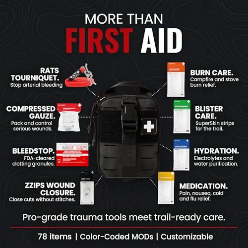 Image of My Medic Sidekick Pro - Camping Hiking and Backpacking First Aid Kit - 70 Items with Tourniquet - HSA and FSA Eligible - Small Ifak Great for Travel or Motorcycle - Portable Emergency Kit - Black