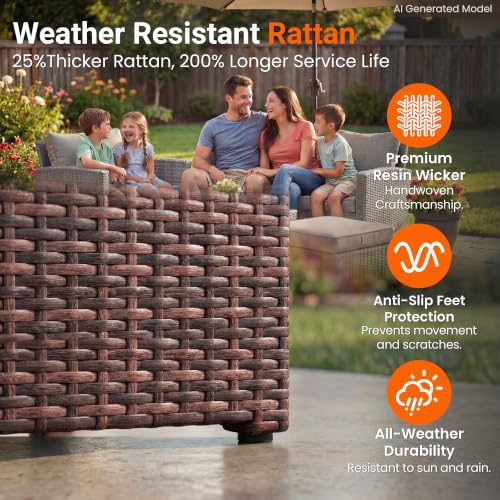 Image of Wisteria Lane 4 Piece Patio Furniture Set, Wicker Outdoor Patio Conversation Furniture Set, All Weather Outdoor Patio Sofa with Cushion and Wood Table, Brown and Beige