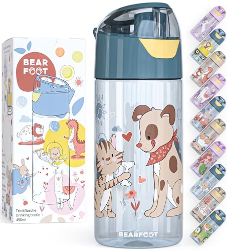 BEARFOOT Trinkflasche Kinder 450ml, BPA-frei (Blau - Hund Katze)