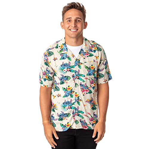 Disney Lilo and Stitch Men's Stitch Tropical Hawaiian Button Up Shirt