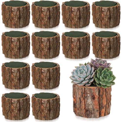 RimCereal 12 Set Wooden Vase for Centerpieces Wedding Flower Table Centerpieces Decor Rustic Bark Stump Bucket Farmhouse Wood Planter Pot for Woodland Party Window Home (Flower Foam,Small)