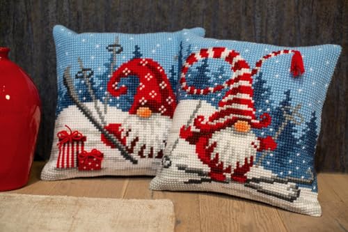 Image of Vervaco Cross Stitch Christmas Embroidery Kits Pillow Front for Self-Embroidery with Embroidery Pattern on 100% Cotton, 15,75 x 15,75 Inches - 40 x 40 cm, Christmas Gnome Skiing