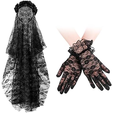 Halloween Veil Headband Black Lace Short Gloves Set Elegant Elastic Rose Floral Festival Headwear Black Lace Gloves Flower Veil Headpiece for Girls Ladies Women Wedding Party Prom Hair Accessories Cover