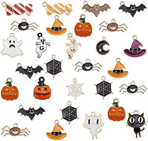Julie Wang 54pcs Enamel Halloween Charms Candy Pumpkin Ghost Spider Bat Pendants for Holiday Jewelry Making Decoration DIY Finding Accessories