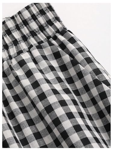 GORGLITTER Women's Wide Leg Gingham Pants Checkered Elastic High Waisted Baggy Casual Palazzo Pants Trousers Work Office3
