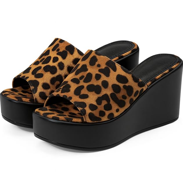 Image of Women's Leopard Print Platform Wedge Slide Sandals | Open Toe Slip-On High Heel Casual Dress Mules | Fashion Comfortable Summer Party Sandals for Women W-5150