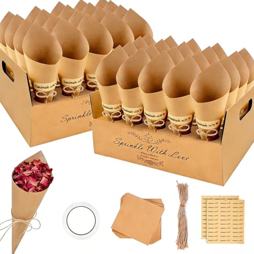FINEVERNEK 40 Piezas Conos de Arroz Boda, Soporte Cucuruchos de Papel Kraft con 2 Cajas, Conos de Confeti para Decoración de Boda y Fiesta