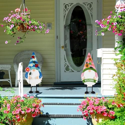 YEAHOME Garden Decor for Outside, Set of 2 Gnomes 23.6" Metal Porch Standings for Yard Decorations Outdoor, Spring Welcome Home Porch Sign for Outdoor Front Door Garden Lawn Backyard (Blue, Pink) 8 51wOlmRMXPL. AC