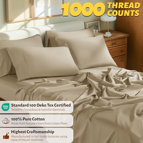 Shilucheng 100% Egyptian Cotton King Size Sheets Set - 1000 Thread Count,Luxury Cotton Bed Sheets,Breathable & Cooling Bedding and Pillow Cases, 16 Inch Deep Pocket - 6 Piece (Linen, King)