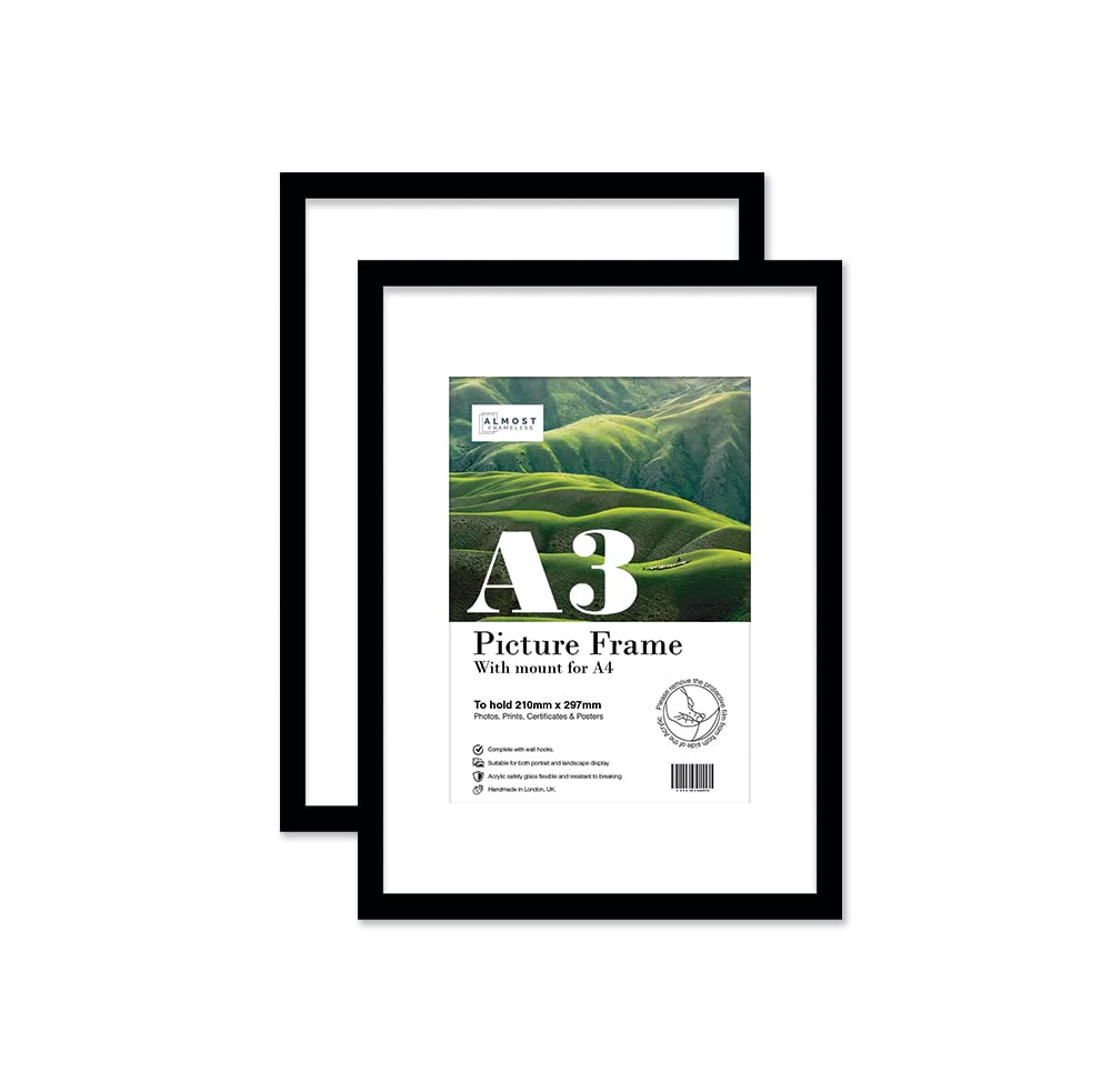 Almost Frameless A3 Black Picture Frame Set of 2, Display A4 Pictures with Mount or A5 Without Mount Gallery Wall, Poster, Photo, Artwork, or Print, Black