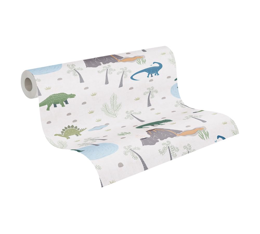 A.s. Création Blue, Multicoloured, Green Children's Room Wallpaper Lilly & Luis Solid Non-Woven Wallpaper With Dinosaur Design, 10,05 M X 0,53 M, Made In Germany, 771401.