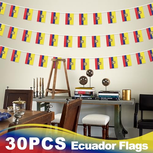 Image of Ecuador String Flag Pennant Banner, Small Mini Ecuadorian Flags Bunting Banner, National Country Decoration for School, Party, Sports Events, Patriotic Festival, 33 Feet 30 Flags