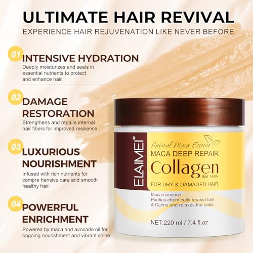 ALPAIS Collagen Hair Treatment Mask, Deep Repair Conditioning Hair Mask with Collagen, Maca, Avocado Oil for All Hair Types, 7.4 FL OZ