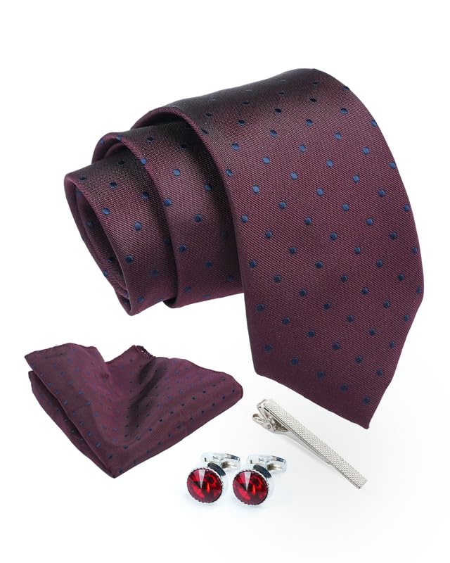 axlon Polka Dotted Tie For Men – Formal Ties Set With Pocket Square, Cufflink & Tie Clip With Gift Box For Mens, Silk Fabric Neckties Gift Sets For Men’s (PK4)-picture-53