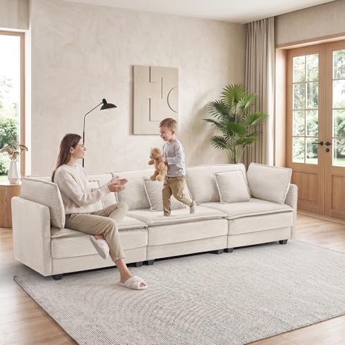 Image of Corduroy Sectional Couch, 3 Seater 113 inch Cloud Couch, Modular Deep Seat Sofa with Pillows for Living Room, Apartment, Beige