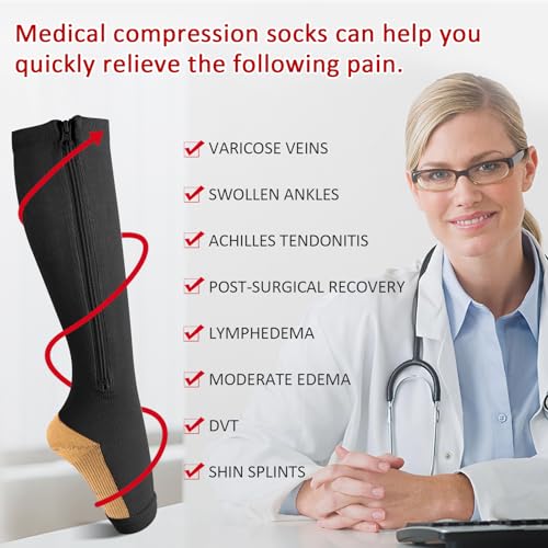 Image of Ailaka 3 Pairs Compression Socks with Zipper, 15-20 mmHg Medical Knee High Compression Socks for Men Women, Open Toe Socks for Varicose Veins, Edema, Recovery(Black Copper, 3XL)