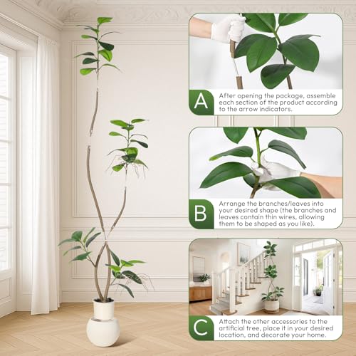 7FT Artificial Plant Rubber Tree with Off White Sphere Resin Planter & Stone Faux Fiddle Leaf Fig Tree Indoor Artificial Tree Tall Plant Fake Tree Tropical Large Floor Tree Real Touch for Home Decor