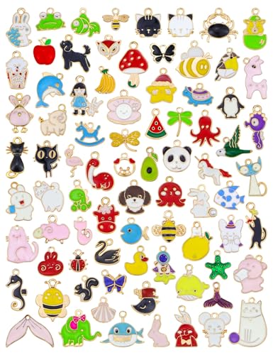 JIALEEY 80PCS Animal Charms, Gold Plated Enamel Charms Mixed Creatures Insects Birds Colorful Pendant DIY for Necklace Bracelet Jewelry Making and Crafting