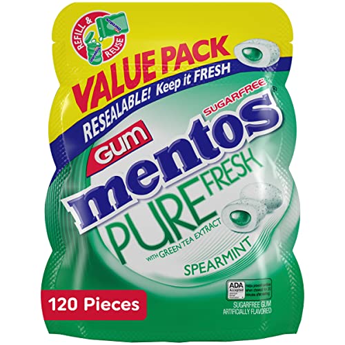 Image of Mentos Pure Fresh Sugar-Free Chewing Gum with Xylitol, Spearmint, 120 Piece Bulk Resealable Bag (Pack of 2)