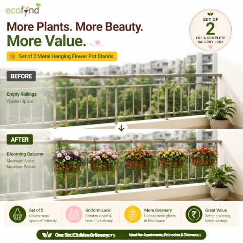 Image of ecofynd 2 Pack 16 Inches Metal Hanging Flower Pot Stand For Railing Planters, Gamla Stand Pot Holder for Balcony Decoration Items Outdoor, Plant Stands for Balcony, Flower Pot Stand Indoor (PS054-BLK)