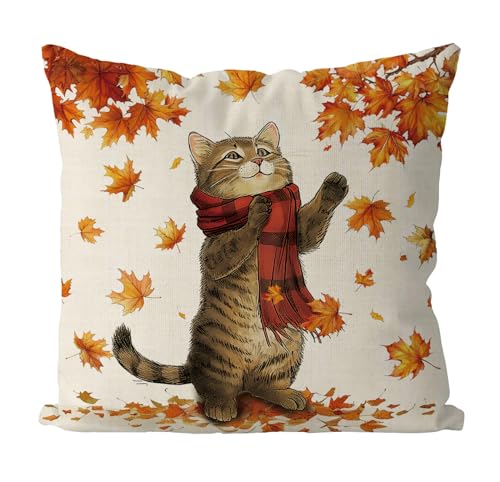 QIONG MENG Fall Pillow Covers 18x18 Inch Cat Maple Leaves Throw Pillow Covers Autumn Harvest Pillowcase Farmhouse Home Decorations Sofa Bedroom Cushion Case